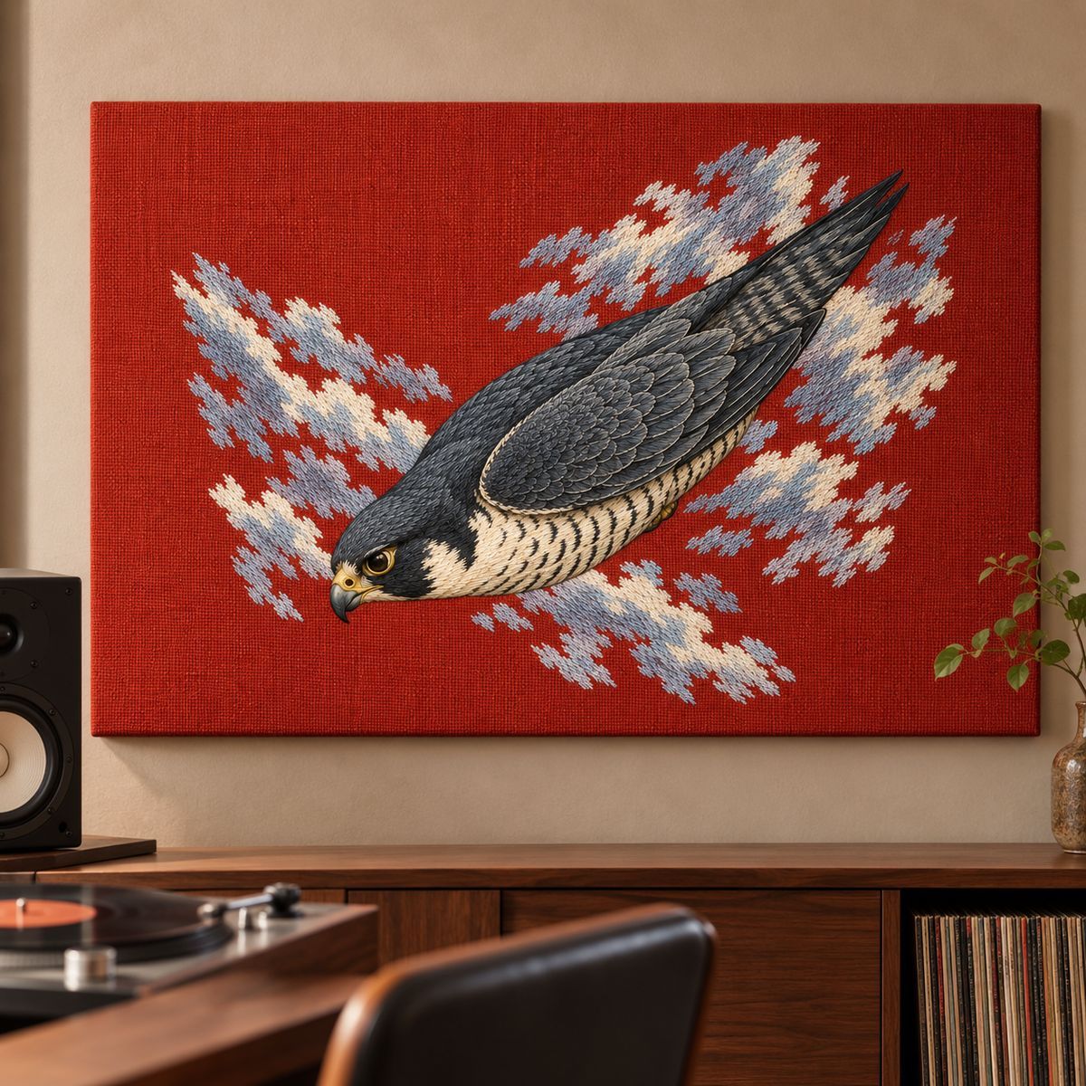 Peregrine Falcon embroidery design in a digital mockup of wide rectangular vermilion linen acoustic wall panel in a music studio. Placement inspiration for Study 04.