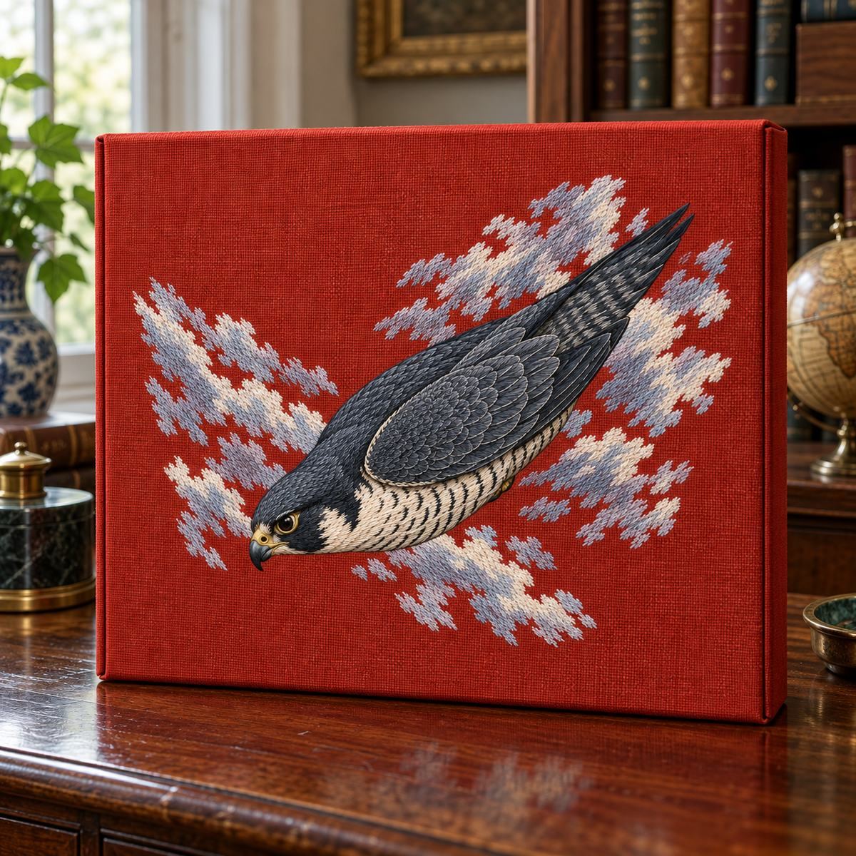 Peregrine Falcon embroidery design in a digital mockup of large red linen folio box front in a collector's study, lid closed. Placement inspiration for Study 04.