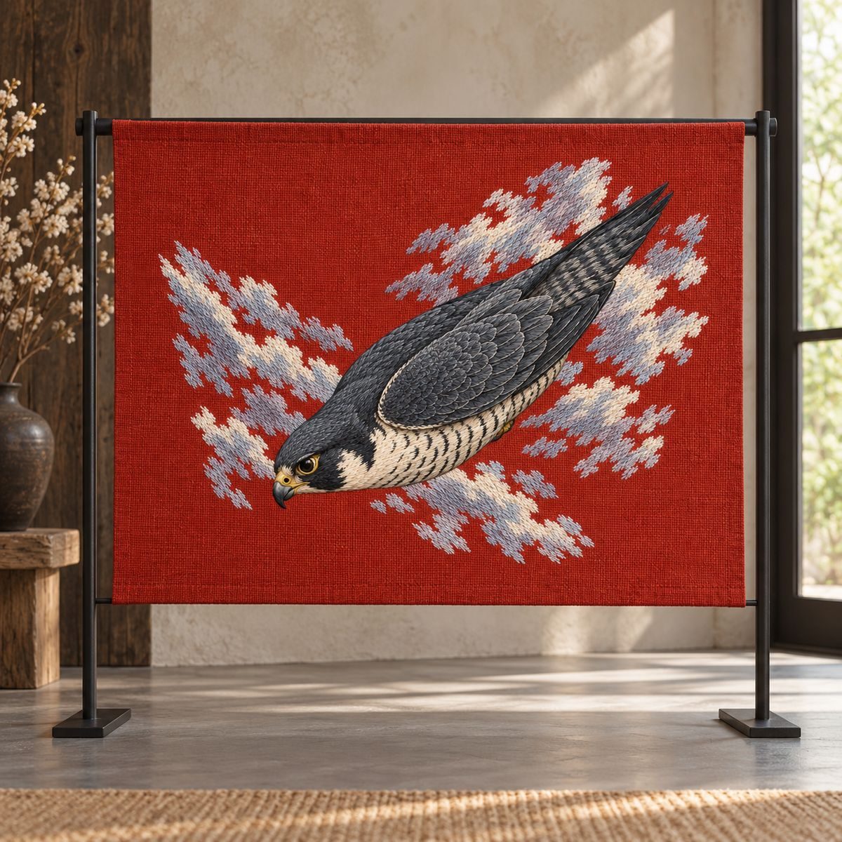 Peregrine Falcon embroidery design in a digital mockup of wide red embroidery mounted on a black steel freestanding textile stand. Placement inspiration for Study 04.