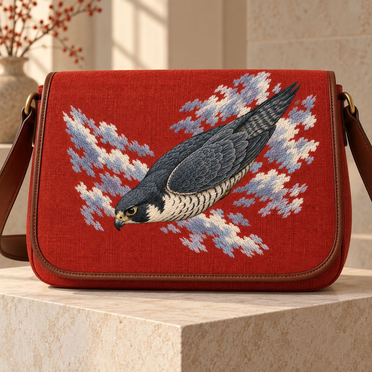 Peregrine Falcon embroidery design in a digital mockup of landscape vermilion shoulder bag with broad flap displayed on museum-shop pedestal. Placement inspiration for Study 04.