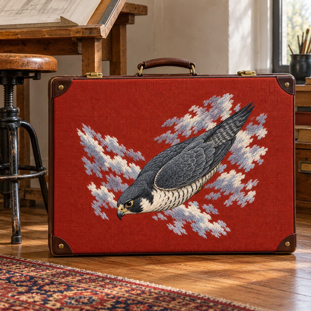 Peregrine Falcon embroidery design in a digital mockup of large landscape red fabric-covered drawing-board case beside drafting stool. Placement inspiration for Study 04.