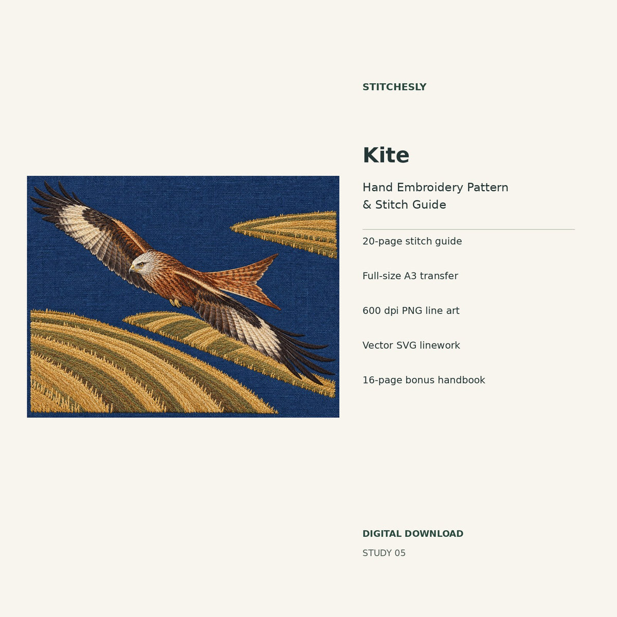 Kite hand embroidery digital package cover showing the reference artwork and included guide, transfer, PNG, SVG and bonus handbook.