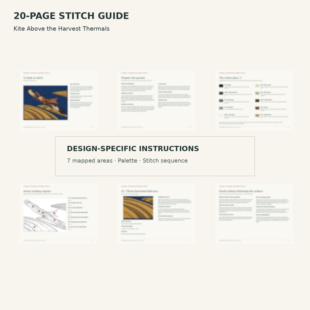 Protected page overview of the 20-page Kite stitch guide, including its numbered map, suggested palette and working sequence.