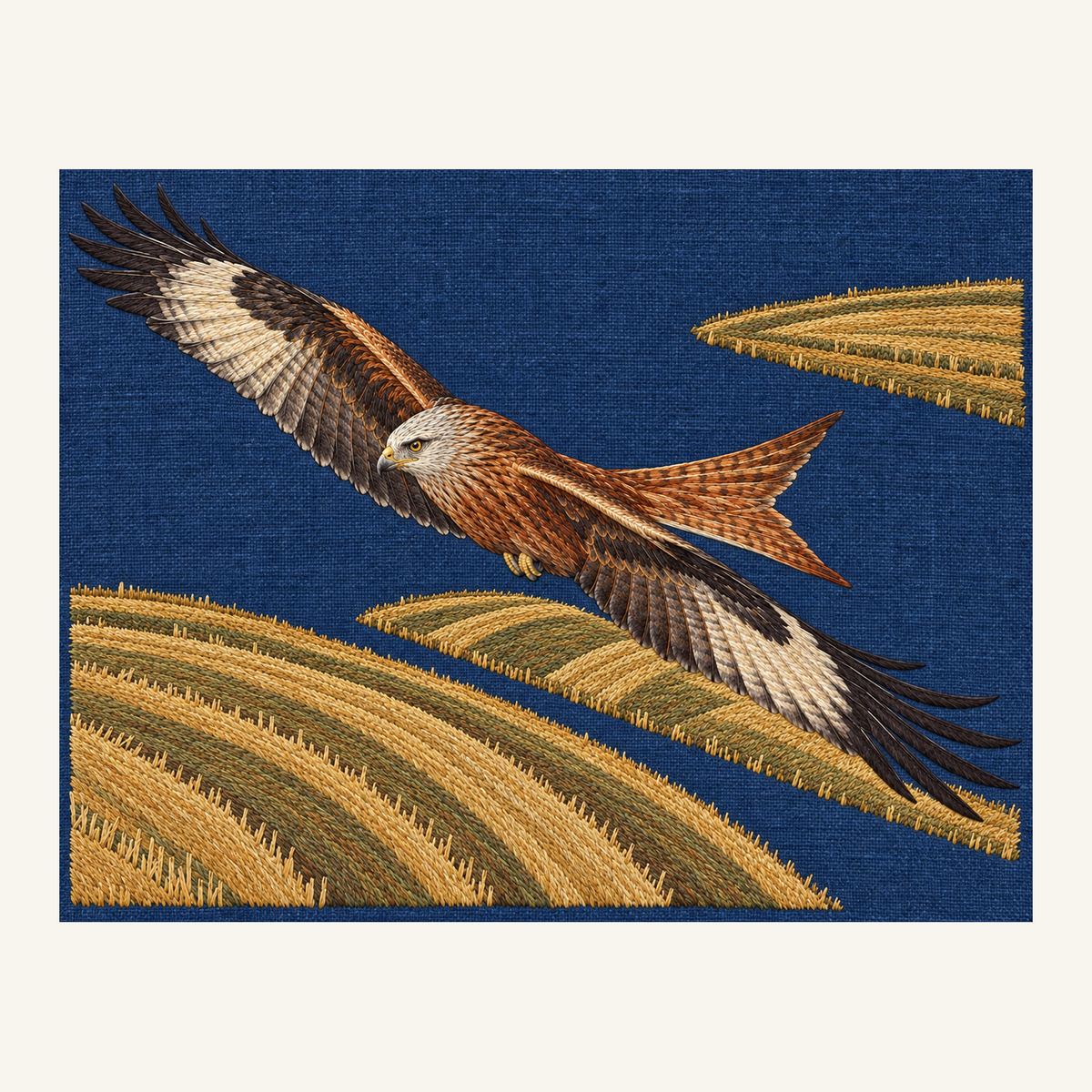 Digital embroidery reference showing a kite flying above harvested fields on deep indigo linen, landscape composition.