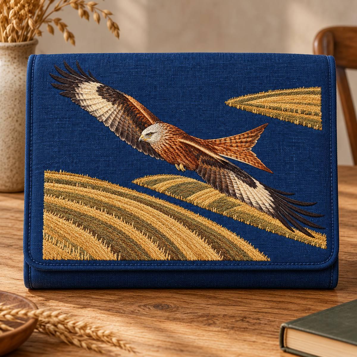Kite embroidery design in a digital mockup of A structured indigo field-document folio, fully closed, landscape front facing camera on a harvest-studio oak desk. Placement inspiration for Study 05.