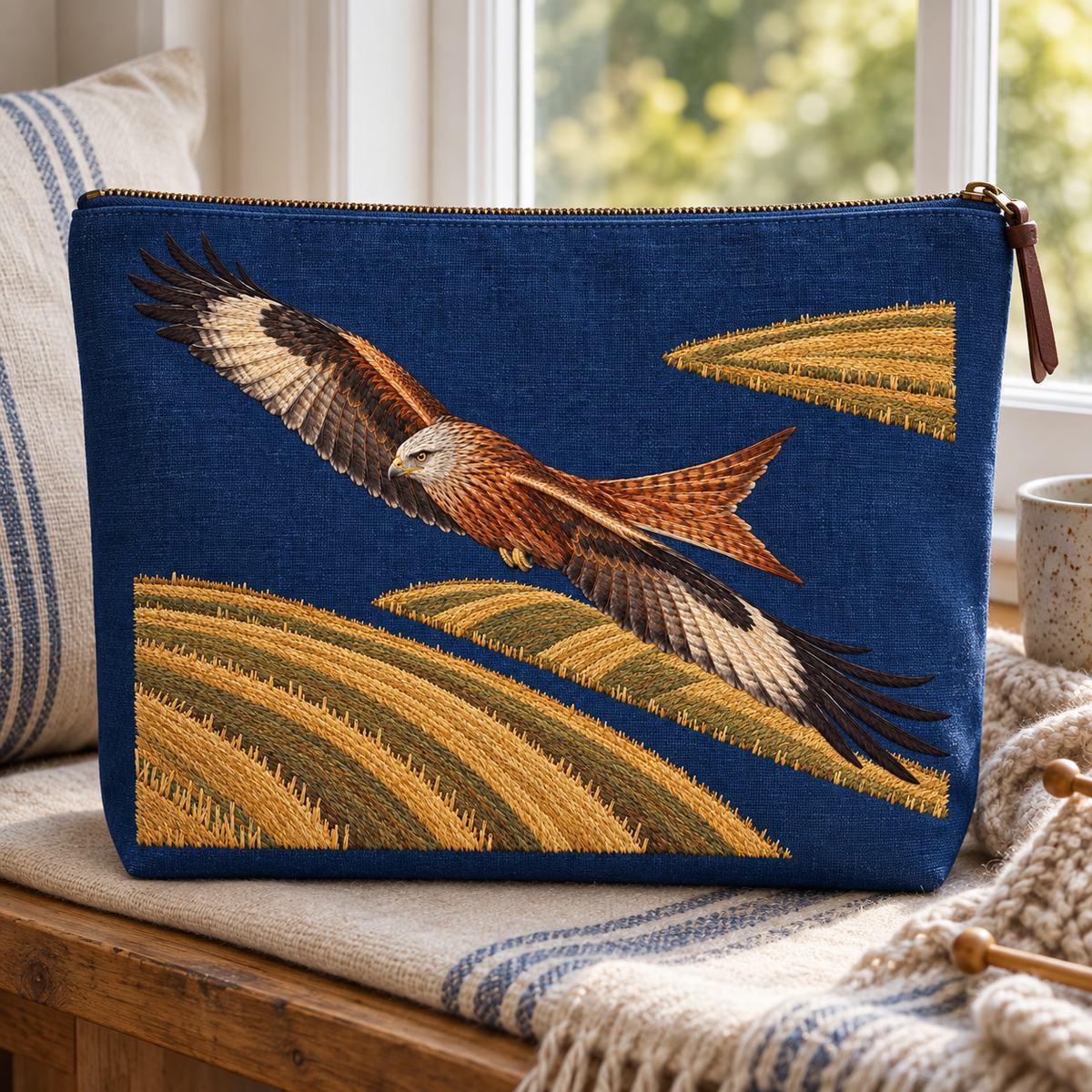 Kite embroidery design in a digital mockup of A wide indigo zippered knitting project bag standing on a window bench; full front panel visible, straps behind. Placement inspiration for Study 05.