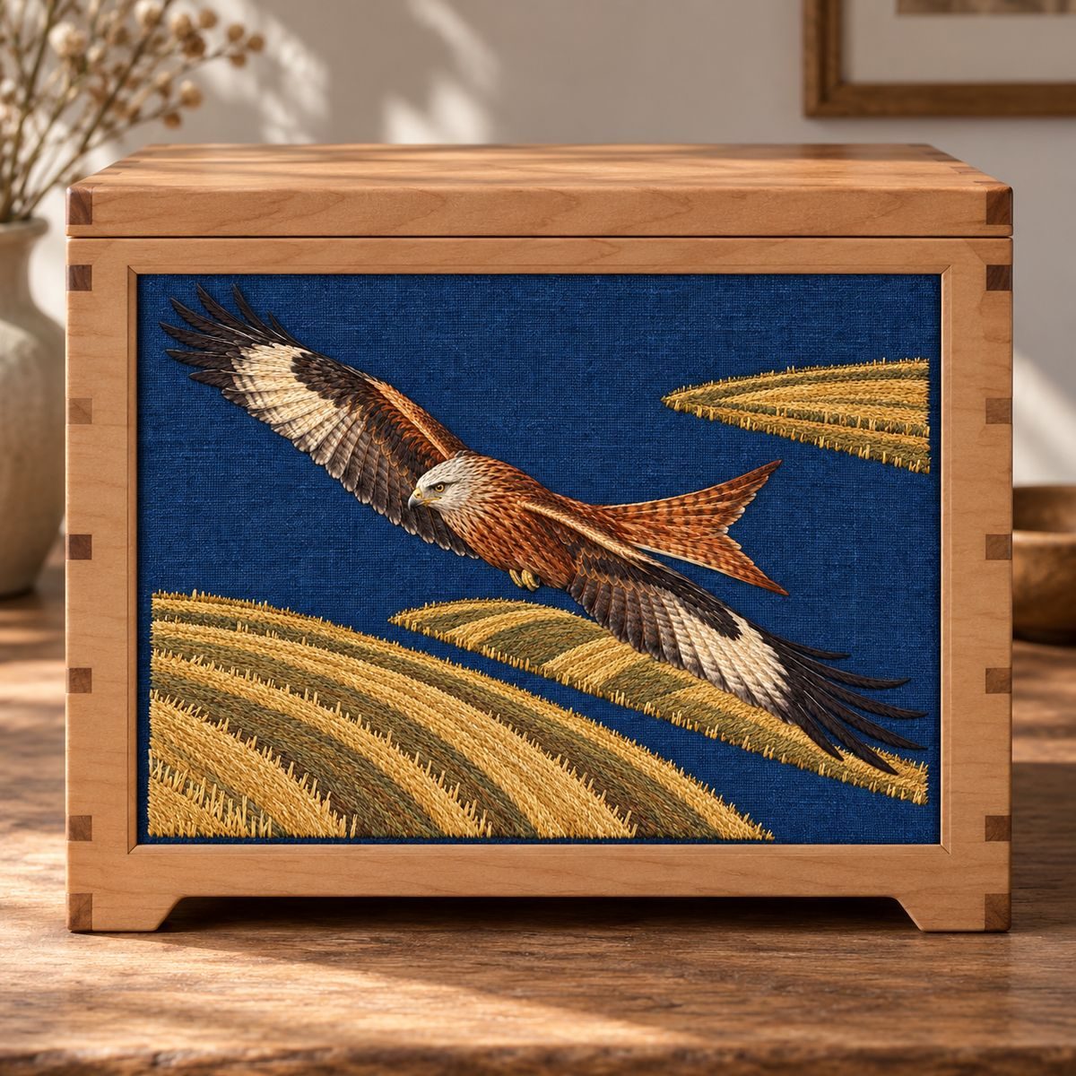 Kite embroidery design in a digital mockup of A landscape indigo textile inset on the front of a shallow maple keepsake chest, photographed at shelf height. Placement inspiration for Study 05.