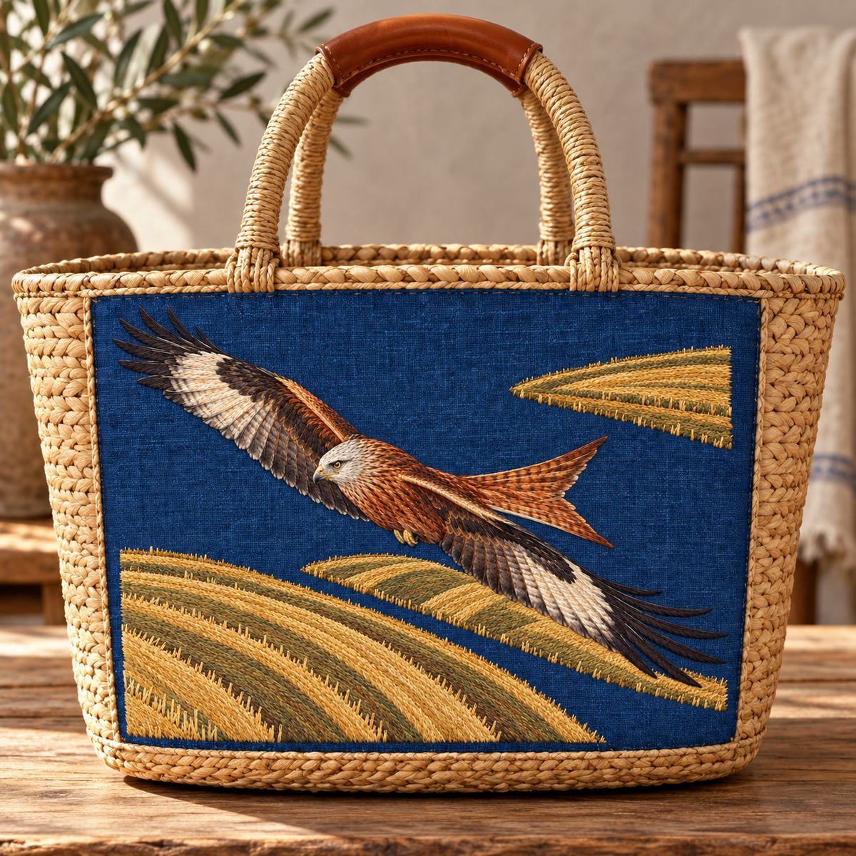 Kite embroidery design in a digital mockup of A large indigo removable panel on the broad side of a woven market basket with empty handles framing it. Placement inspiration for Study 05.
