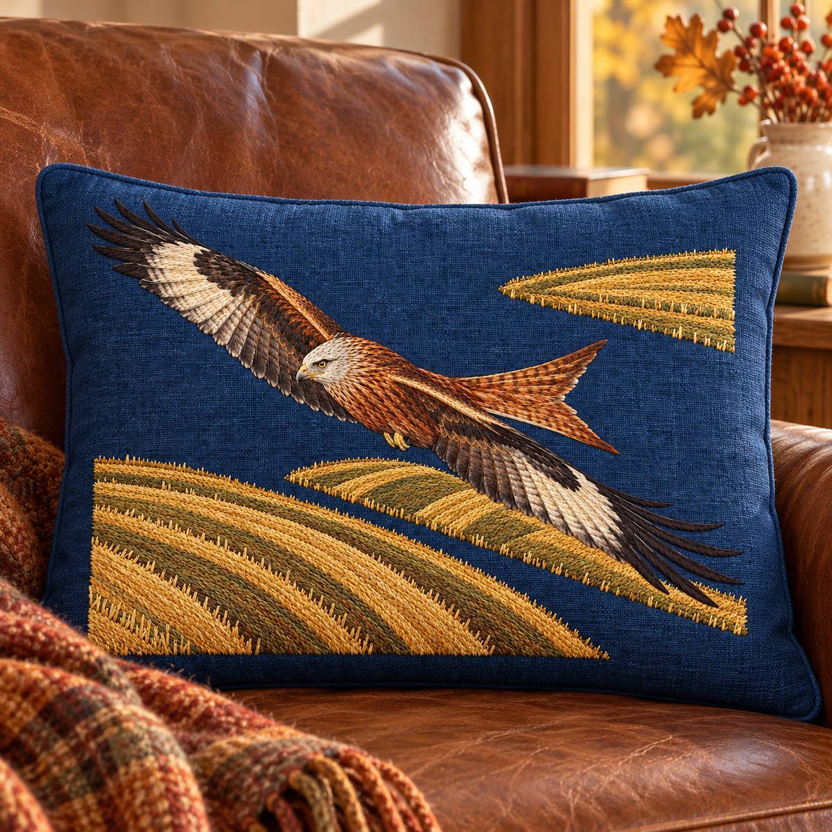 Kite embroidery design in a digital mockup of An indigo lumbar cushion on a leather reading chair with autumn field light; cushion upright wide not vertical. Placement inspiration for Study 05.