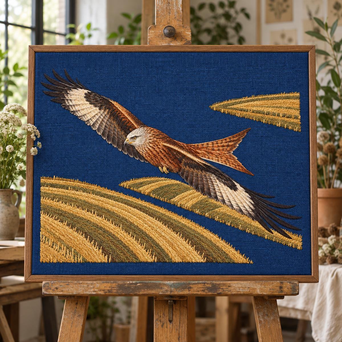 Kite embroidery design in a digital mockup of A landscape indigo fabric bulletin-board cover on an easel in a botanical studio; embroidery occupies the centre, no pinned items covering it. Placement inspiration for Study 05.