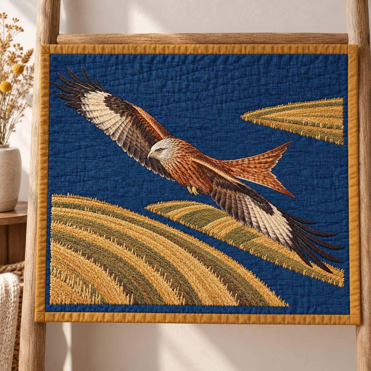 Kite embroidery design in a digital mockup of A landscape indigo quilt centre block held flat on a neutral quilt ladder rail, complete design visible above the fold, quiet ochre border. Placement inspiration for Study 05.