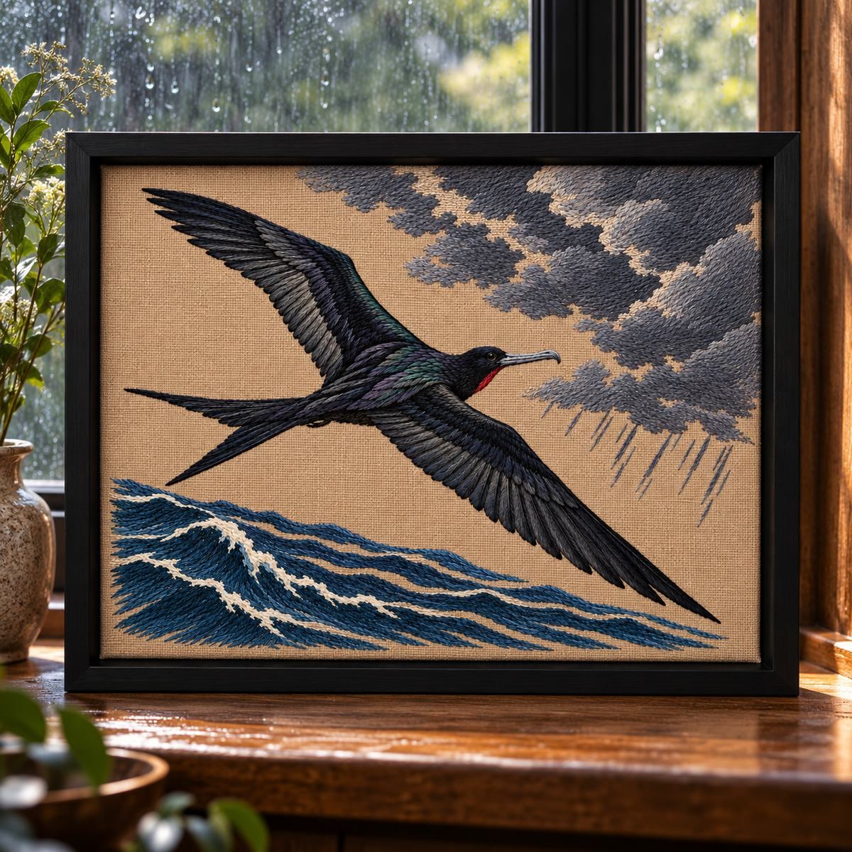 Frigatebird embroidery design shown in a digital mockup of A framed horizontal mushroom-linen embroidery in a black shadowbox on a rain-lit window ledge, no reflected glass. Study 06.