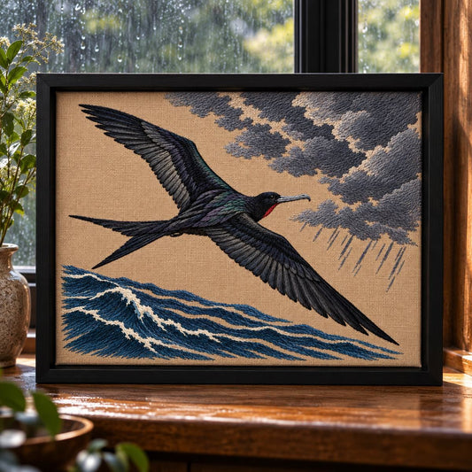 Frigatebird embroidery design shown in a digital mockup of A framed horizontal mushroom-linen embroidery in a black shadowbox on a rain-lit window ledge, no reflected glass. Study 06.