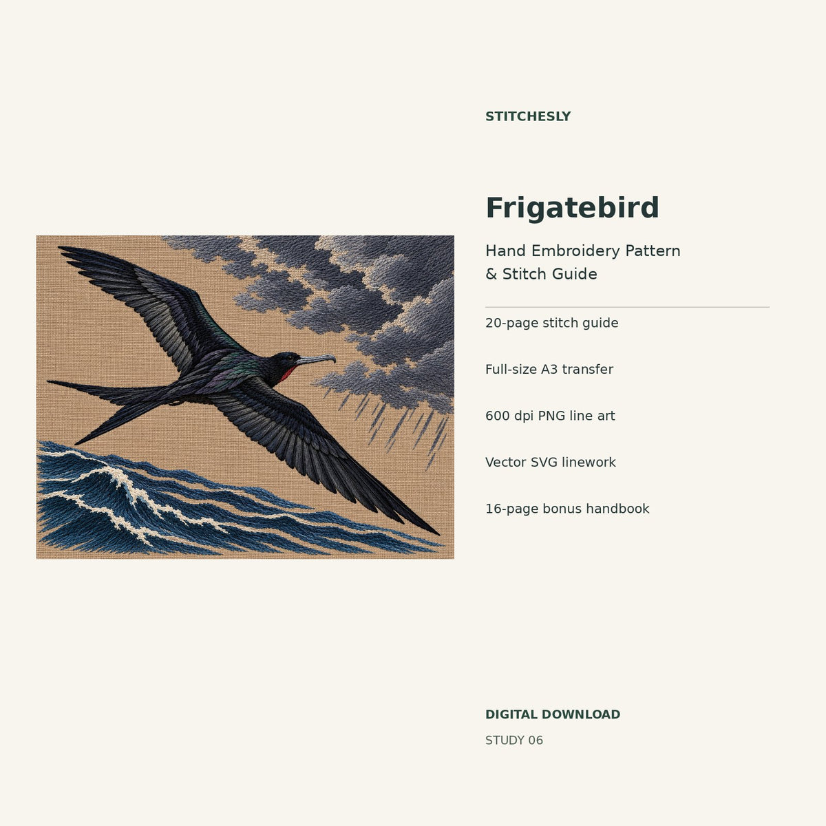 Frigatebird hand embroidery digital package cover showing the reference artwork and included guide, transfer, PNG, SVG and bonus handbook.