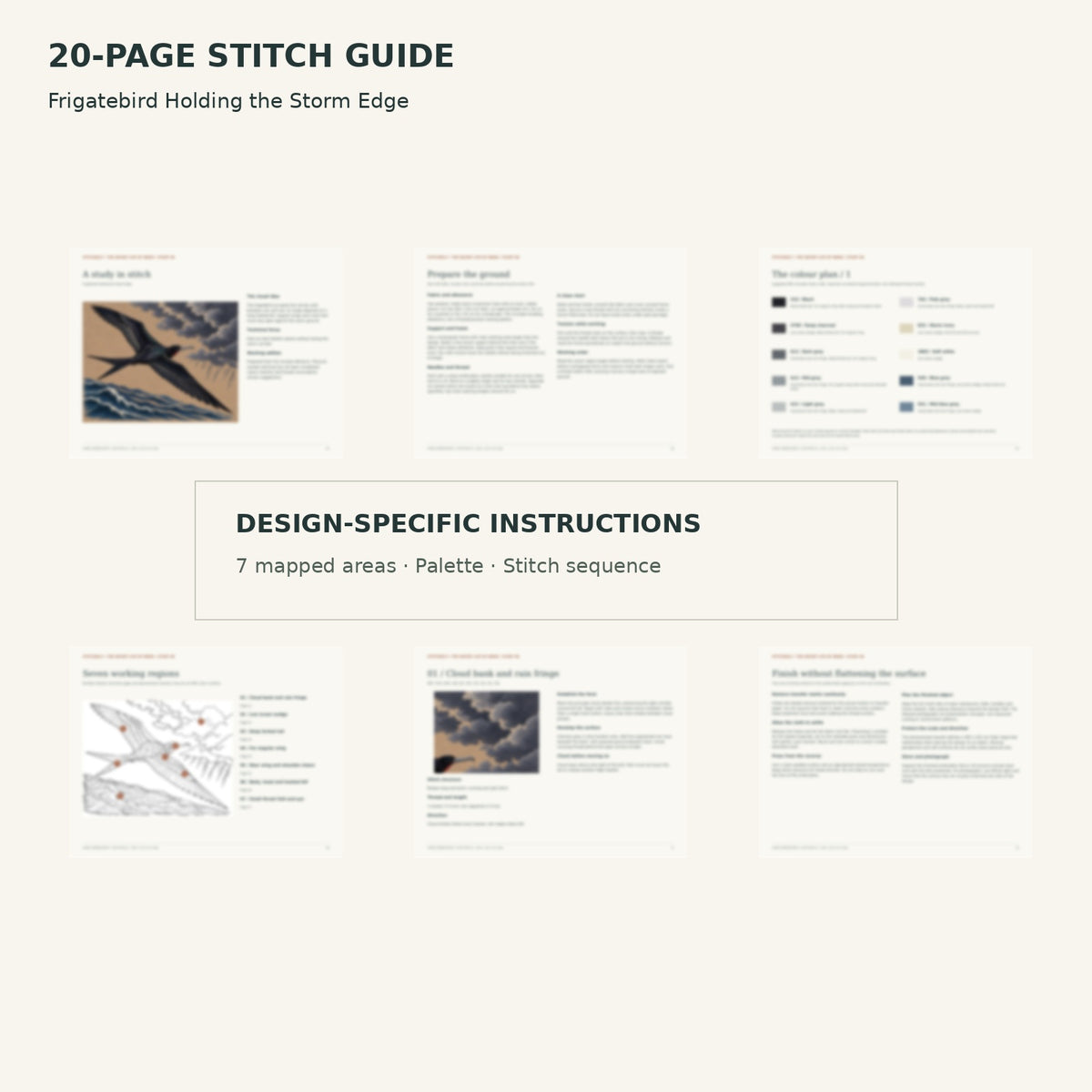 Protected page overview of the 20-page Frigatebird stitch guide, including its numbered map, suggested palette and working sequence.