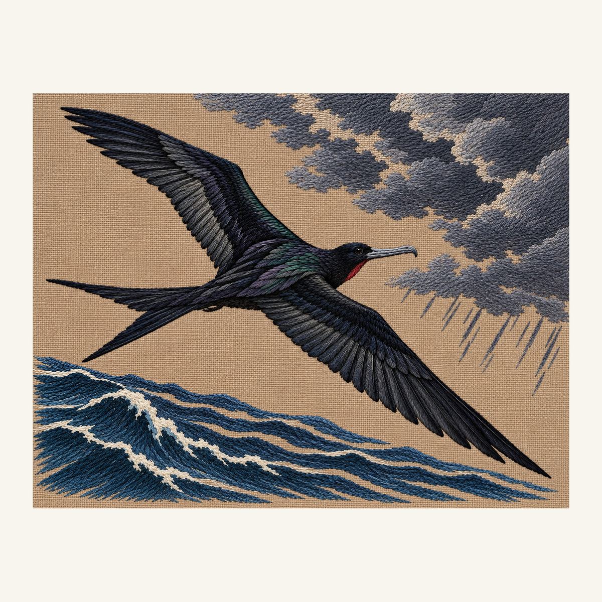 Digital embroidery reference showing a frigatebird between storm cloud and sea on warm mushroom linen, landscape composition.