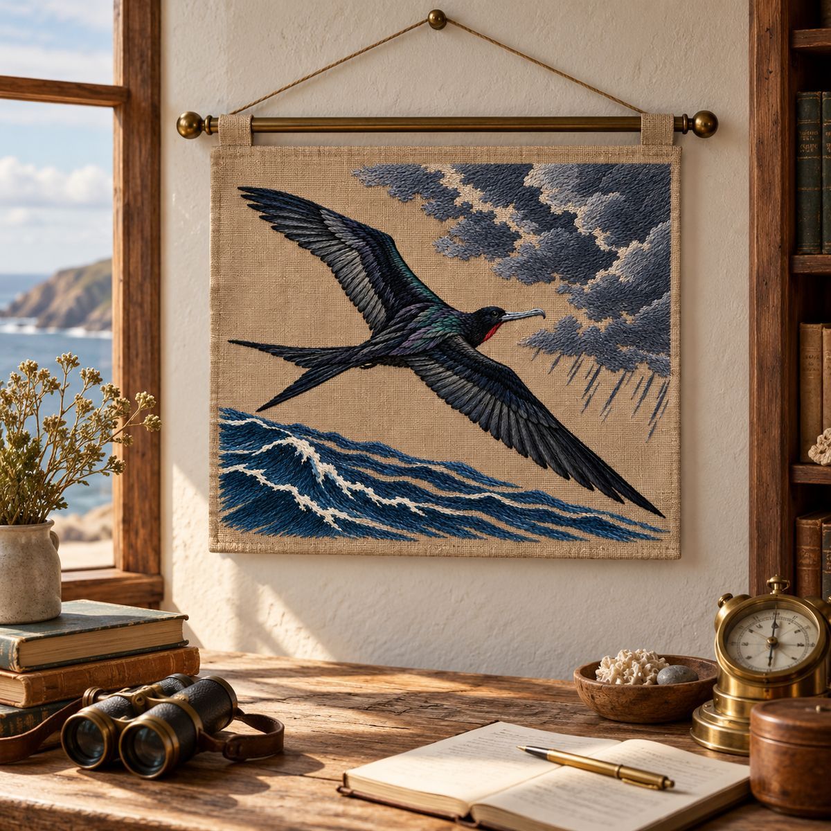Frigatebird embroidery design in a digital mockup of A mushroom-linen wide wall pennant suspended on a dark brass rod in a coastal weather station reading corner. Placement inspiration for Study 06.