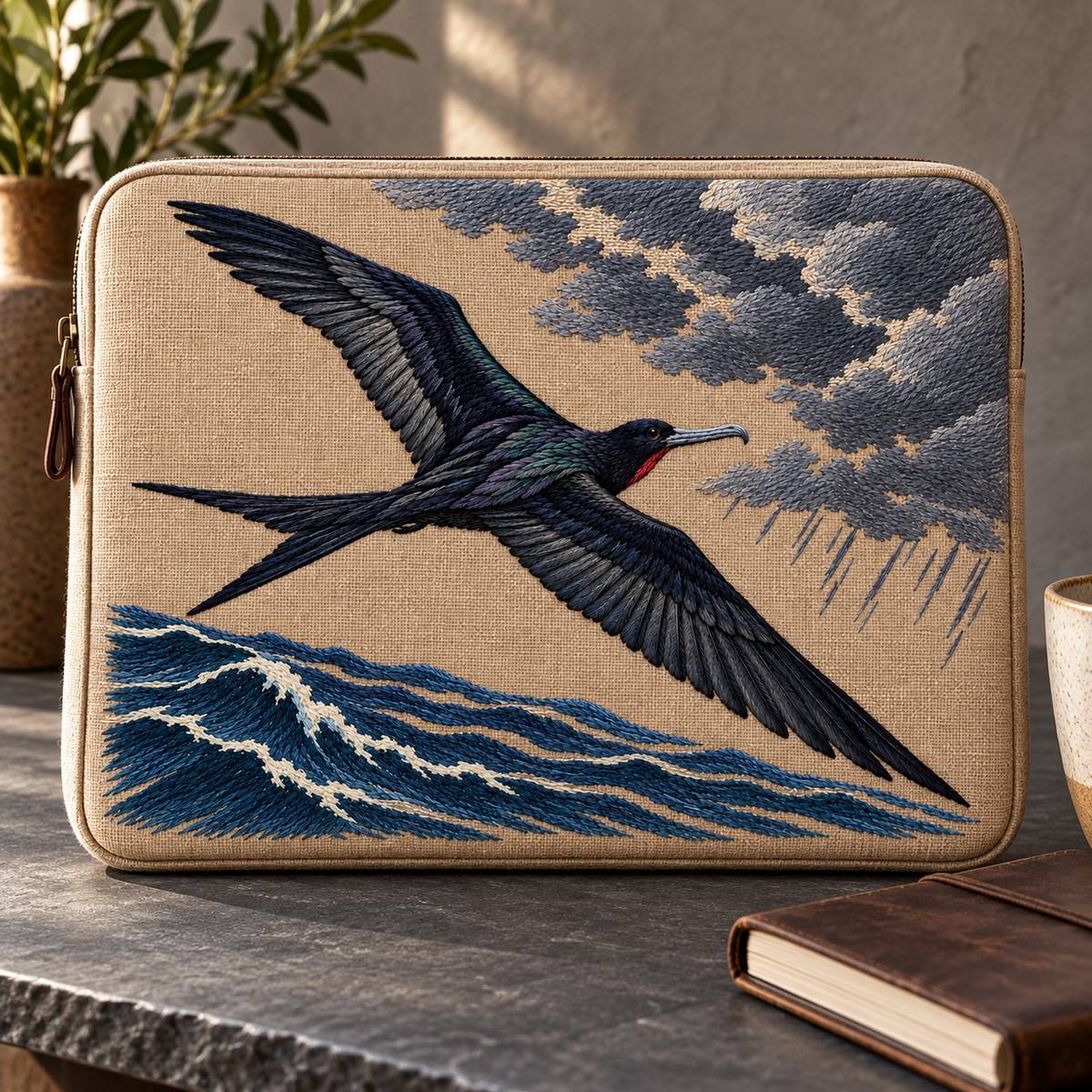 Frigatebird embroidery design in a digital mockup of A large mushroom-linen laptop sleeve upright landscape on a slate desk beside a closed weather notebook. Placement inspiration for Study 06.