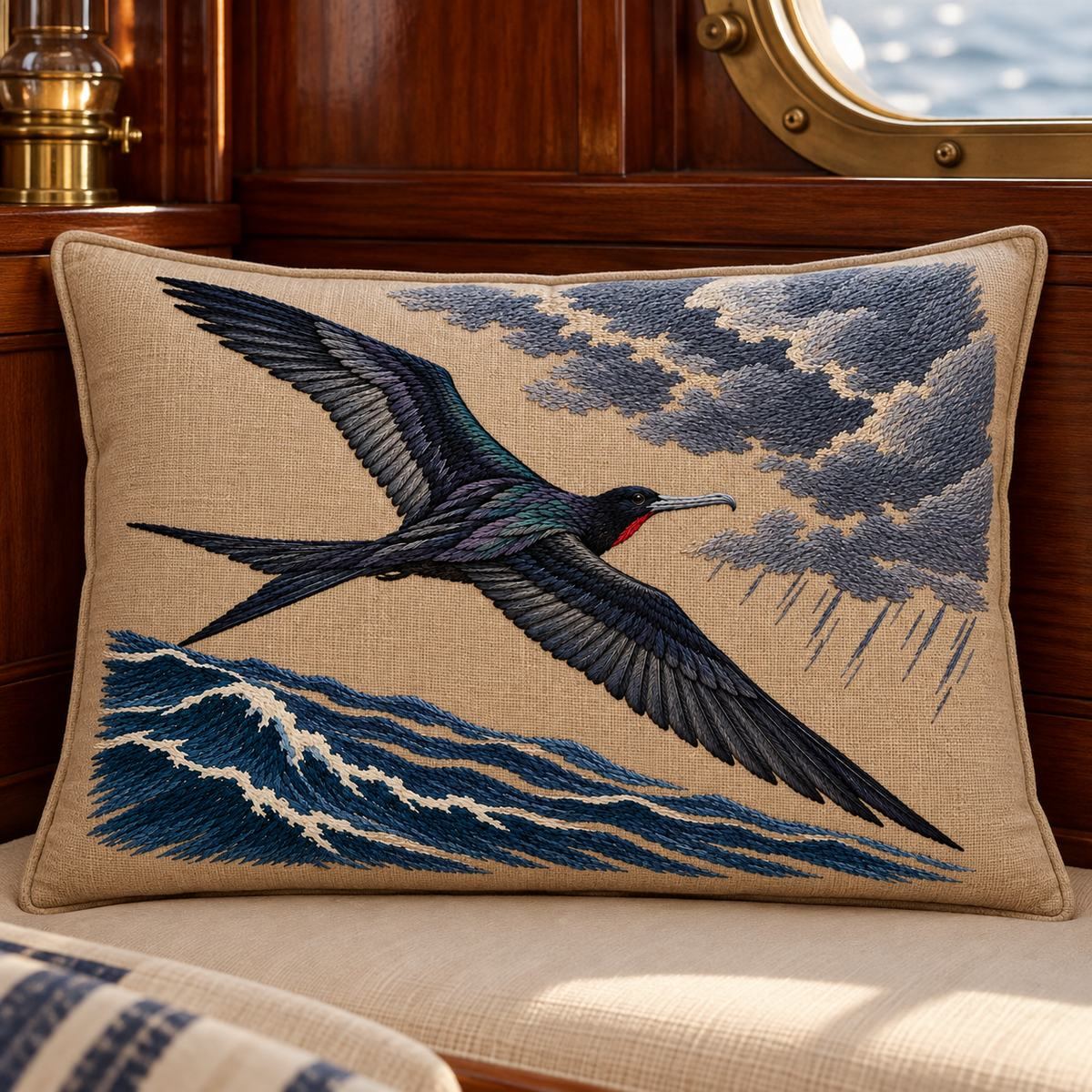 Frigatebird embroidery design in a digital mockup of A mushroom-linen rectangular berth cushion against dark teak in a classic sailing cabin. Placement inspiration for Study 06.
