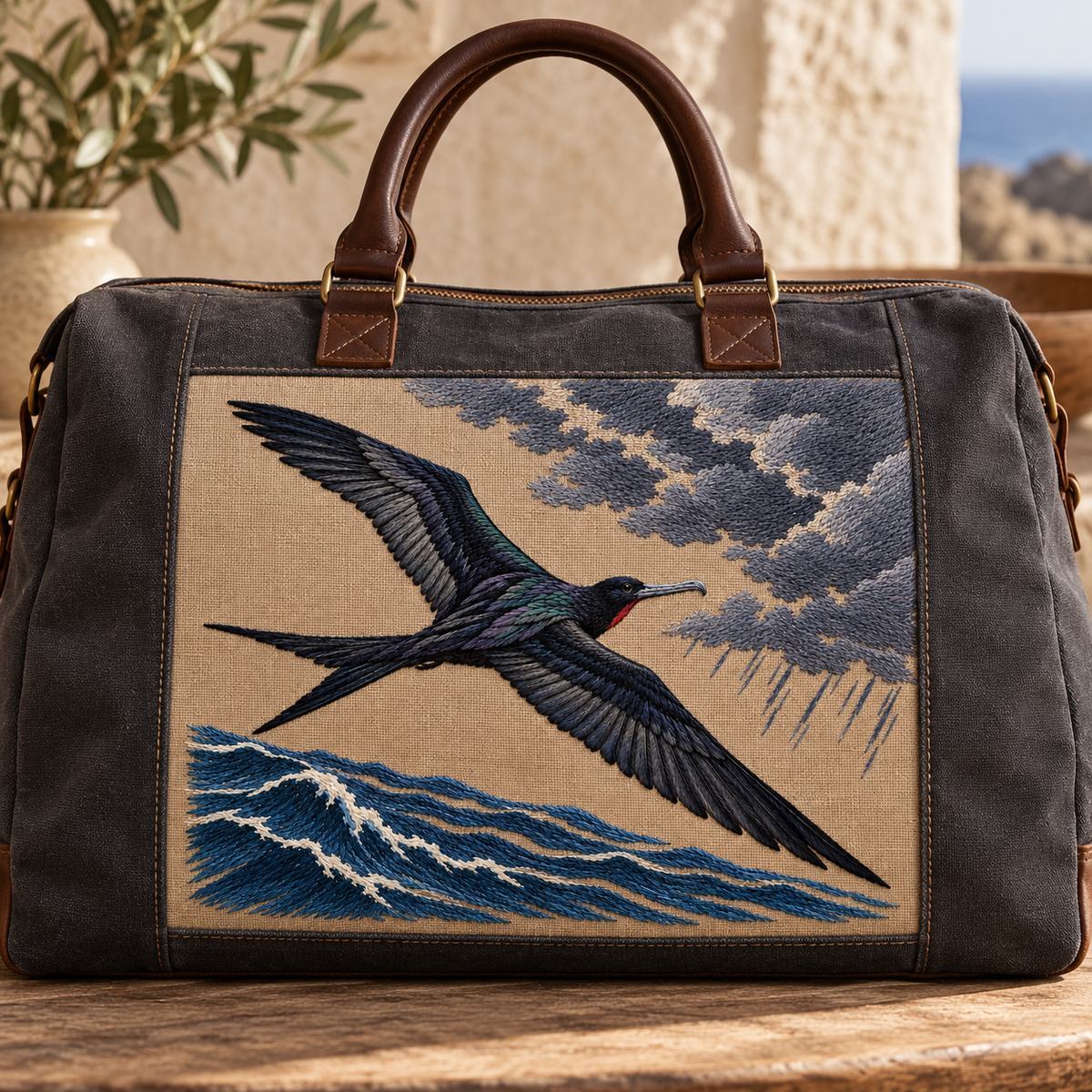 Frigatebird embroidery design in a digital mockup of A mushroom-linen inset in the broad front of a charcoal canvas weekend holdall, handles behind and no straps crossing motif. Placement inspiration for Study 06.