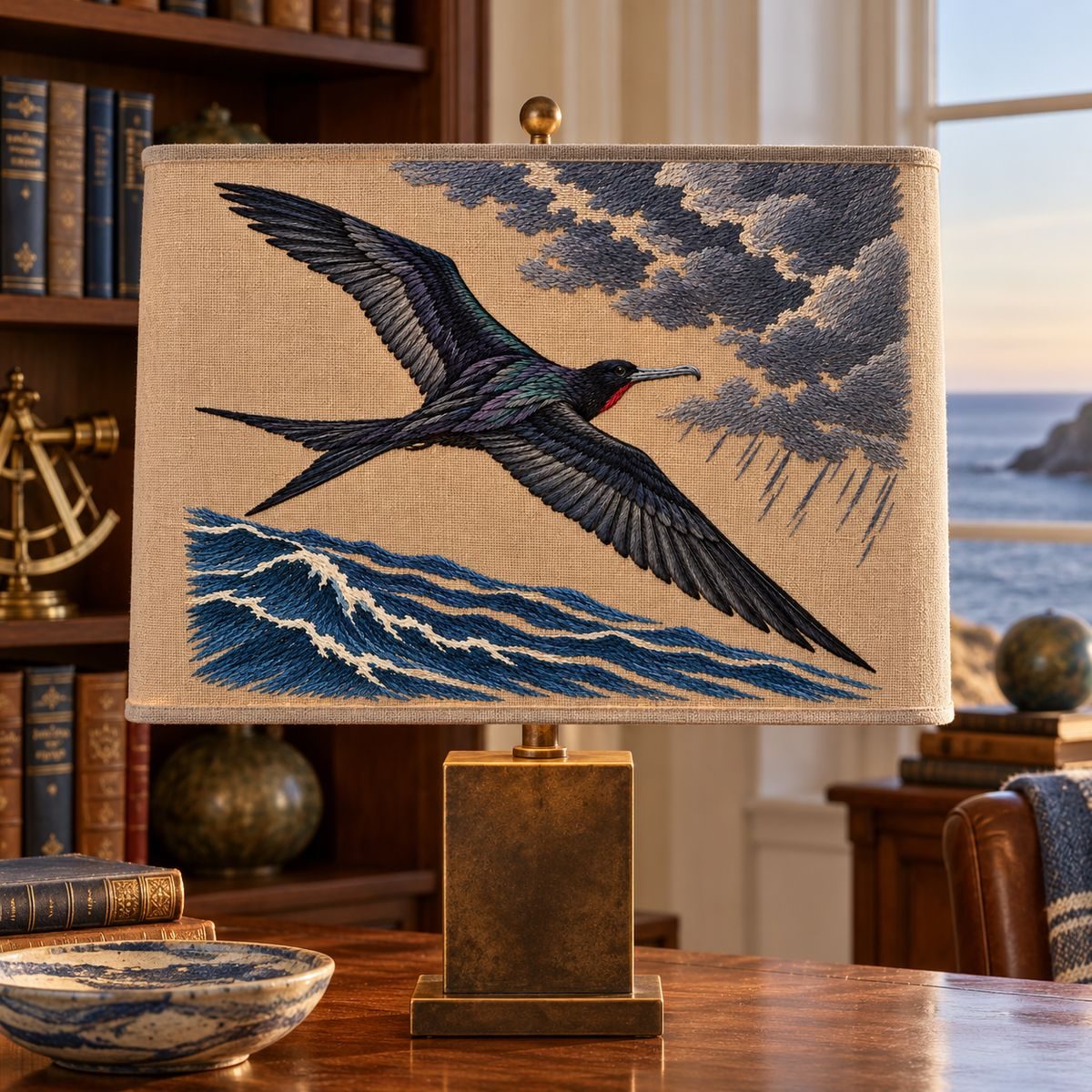Frigatebird embroidery design in a digital mockup of A wide mushroom-linen lampshade FLAT front panel on a rectangular table lamp, fully visible in a quiet maritime library. Placement inspiration for Study 06.