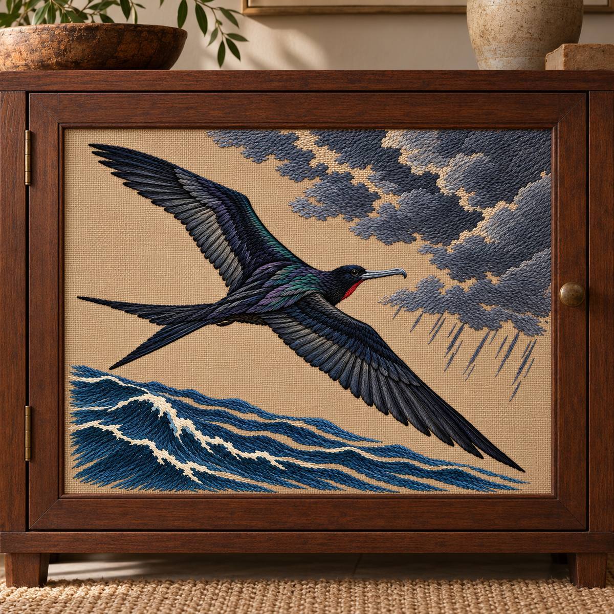 Frigatebird embroidery design in a digital mockup of A mushroom-linen landscape screen-printed-look but genuinely embroidered cabinet door insert, in dark timber with no glass glare. Placement inspiration for Study 06.