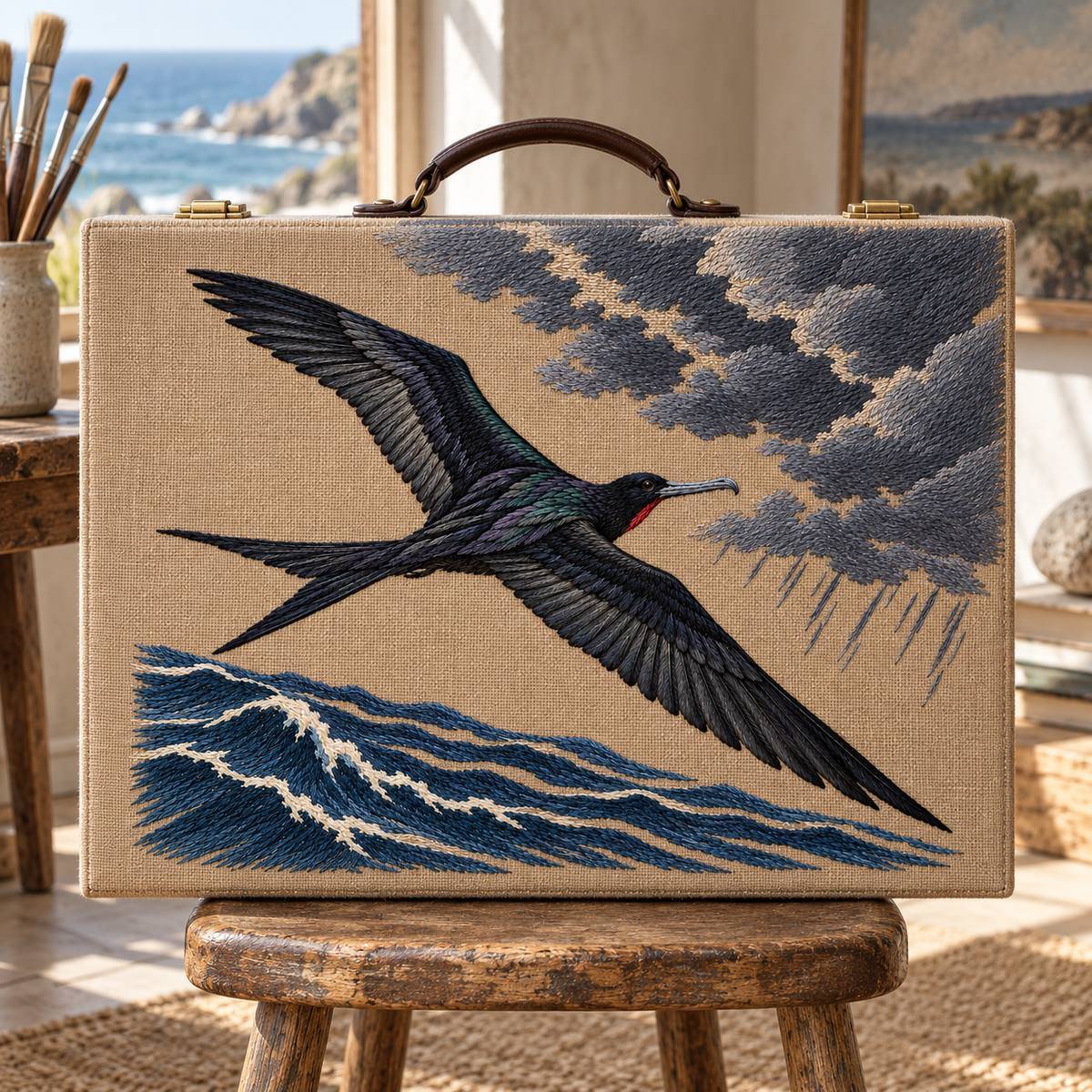 Frigatebird embroidery design in a digital mockup of A wide mushroom-linen textile cover on a closed large artist portfolio case, propped on a coastal studio stool. Placement inspiration for Study 06.