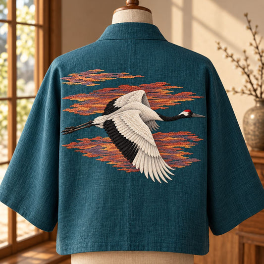 Crane embroidery design shown in a digital mockup of A blue-green linen broad kimono-style jacket BACK panel on an empty dress form, dawn bands horizontal and crane flying right. Study 07.