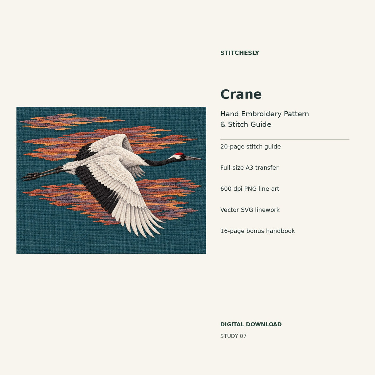 Crane hand embroidery digital package cover showing the reference artwork and included guide, transfer, PNG, SVG and bonus handbook.