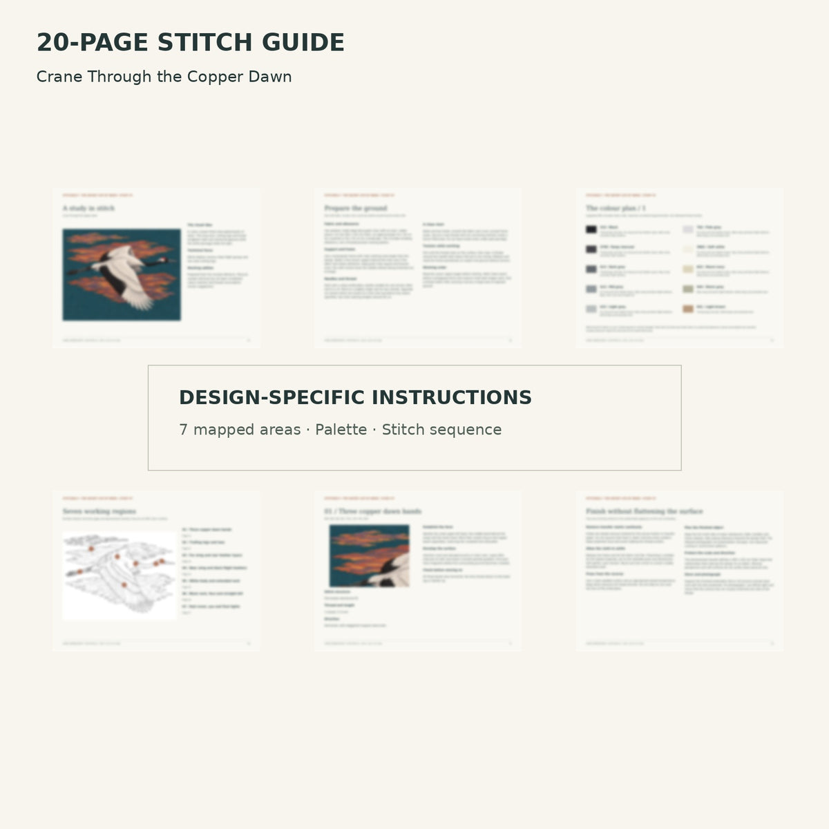 Protected page overview of the 20-page Crane stitch guide, including its numbered map, suggested palette and working sequence.