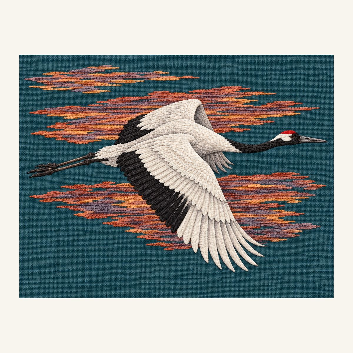 Digital embroidery reference showing a white crane crossing copper dawn on deep blue-green linen, landscape composition.