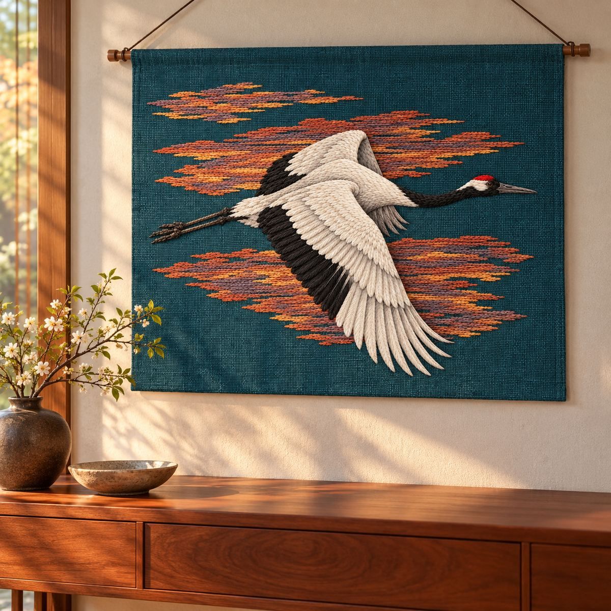 Crane embroidery design in a digital mockup of A blue-green linen wide textile transom hanging above a low cherrywood console in a dawn-lit entry. Placement inspiration for Study 07.