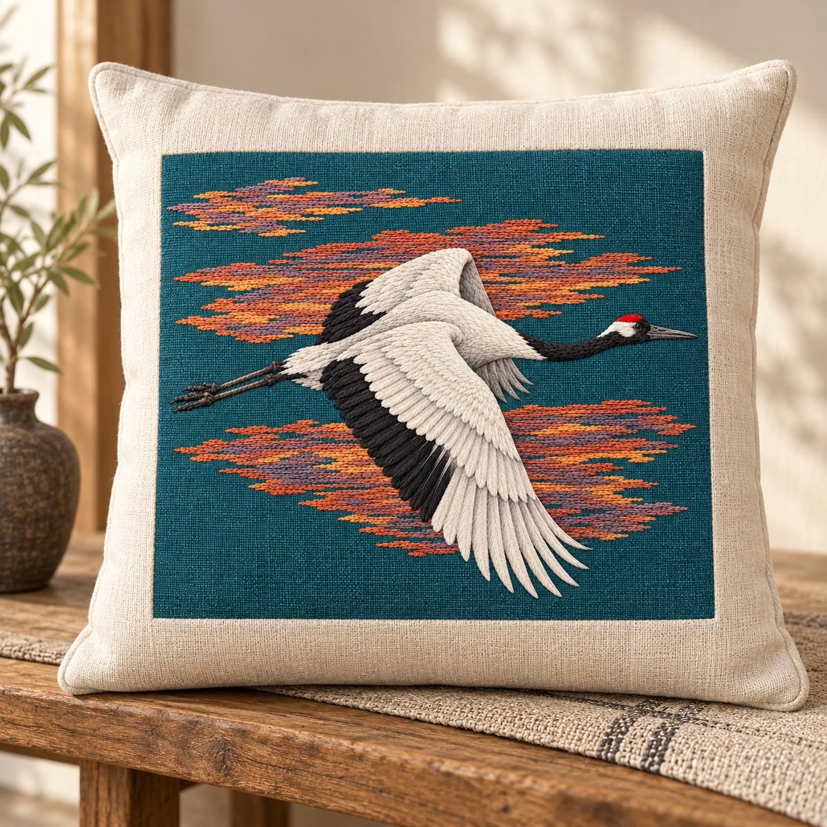 Crane embroidery design in a digital mockup of A blue-green linen centre insert in a cream square meditation cushion standing upright on a low bench, horizontal crane unchanged. Placement inspiration for Study 07.