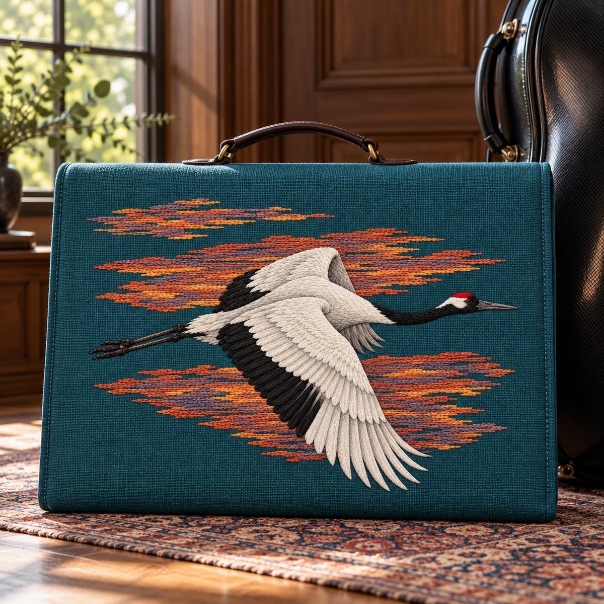 Crane embroidery design in a digital mockup of A blue-green linen wide cloth cover for a music score case, propped landscape beside a cello case, no instrument crossing it. Placement inspiration for Study 07.
