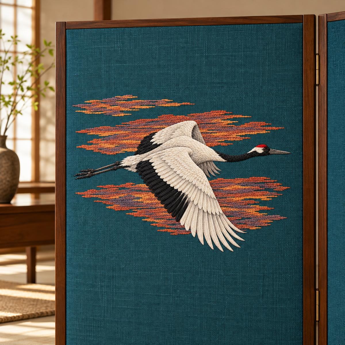 Crane embroidery design in a digital mockup of A blue-green linen horizontal embroidery inset on a tall room-divider leaf, straight-on; divider is tall but motif remains wide and horizontal. Placement inspiration for Study 07.