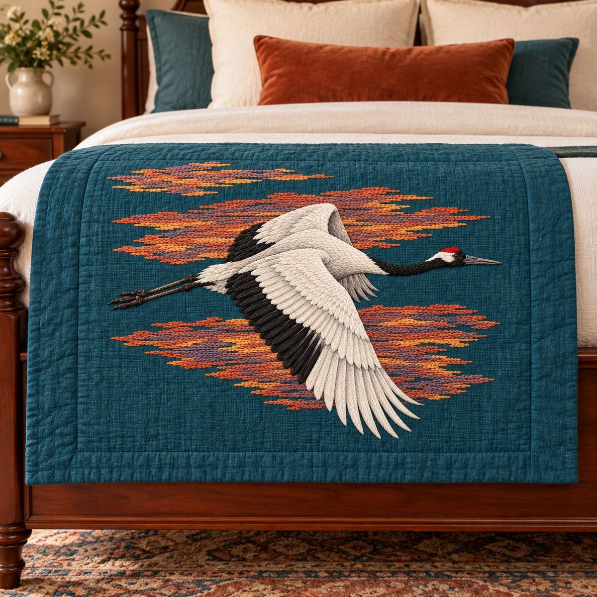 Crane embroidery design in a digital mockup of A blue-green linen centre panel on a quilted bed-end runner shown face-on over the end of a cherrywood bed. Placement inspiration for Study 07.