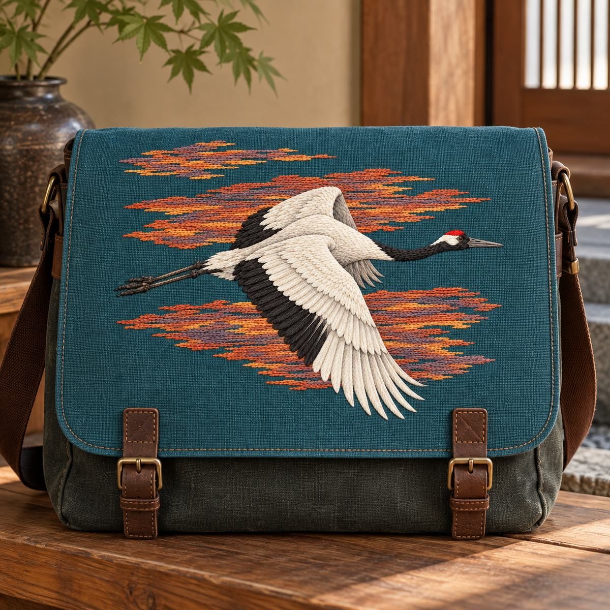 Crane embroidery design in a digital mockup of A blue-green linen broad satchel flap on a large square messenger bag in a Japanese-inspired entry, flap open face toward viewer, no straps over motif. Placement inspiration for Study 07.