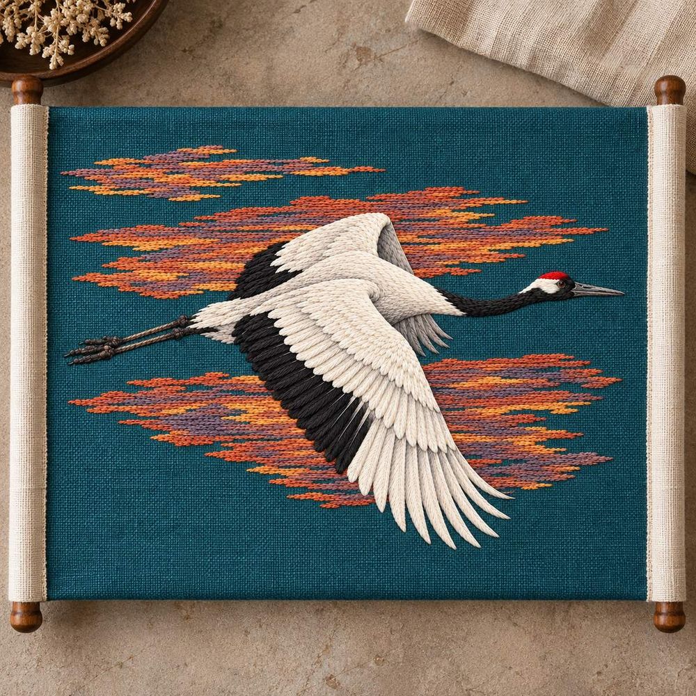 Crane embroidery design in a digital mockup of A blue-green linen horizontal textile mounted on a simple open scroll stretcher lying flat in an artist archive, top-down view. Placement inspiration for Study 07.