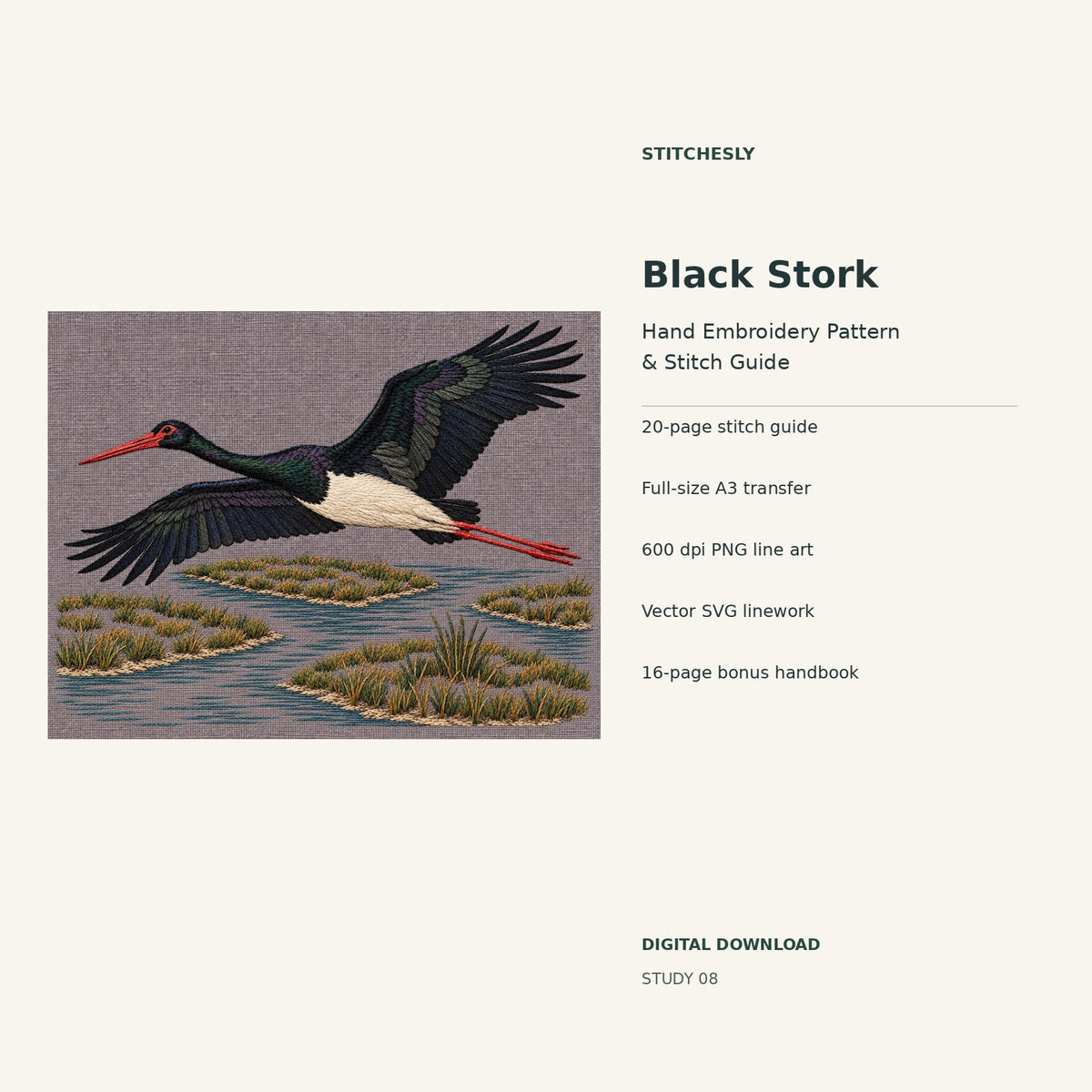 Black Stork hand embroidery digital package cover showing the reference artwork and included guide, transfer, PNG, SVG and bonus handbook.