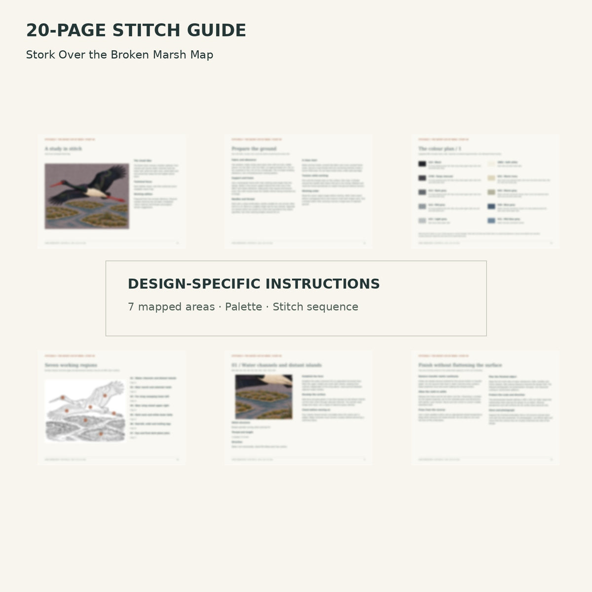 Protected page overview of the 20-page Black Stork stitch guide, including its numbered map, suggested palette and working sequence.
