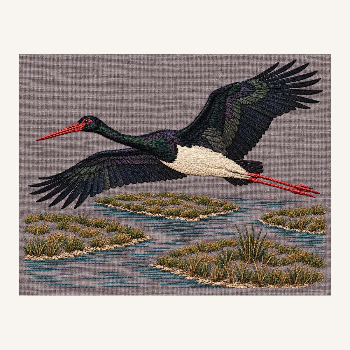 Digital embroidery reference showing a black stork over marsh islands on smoky plum-grey linen, landscape composition.