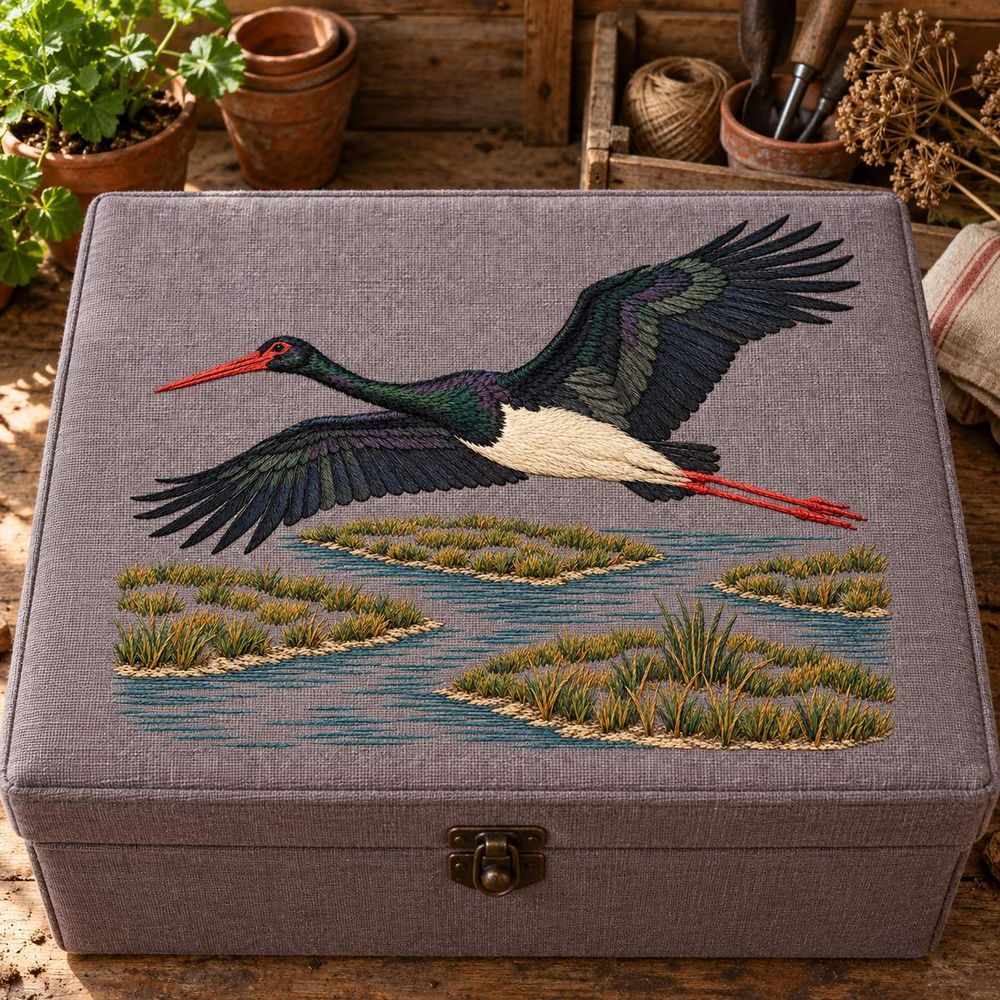 Black Stork embroidery design in a digital mockup of A plum-grey linen padded lid of a large seed-storage chest displayed nearly top-down in a potting shed. Placement inspiration for Study 08.
