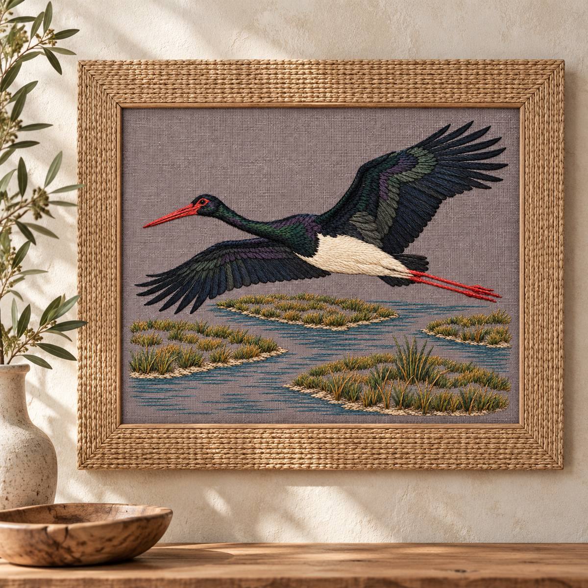 Black Stork embroidery design in a digital mockup of A plum-grey linen embroidery inset in a wide neutral reed-fibre wall hanging on a limewashed wall. Placement inspiration for Study 08.