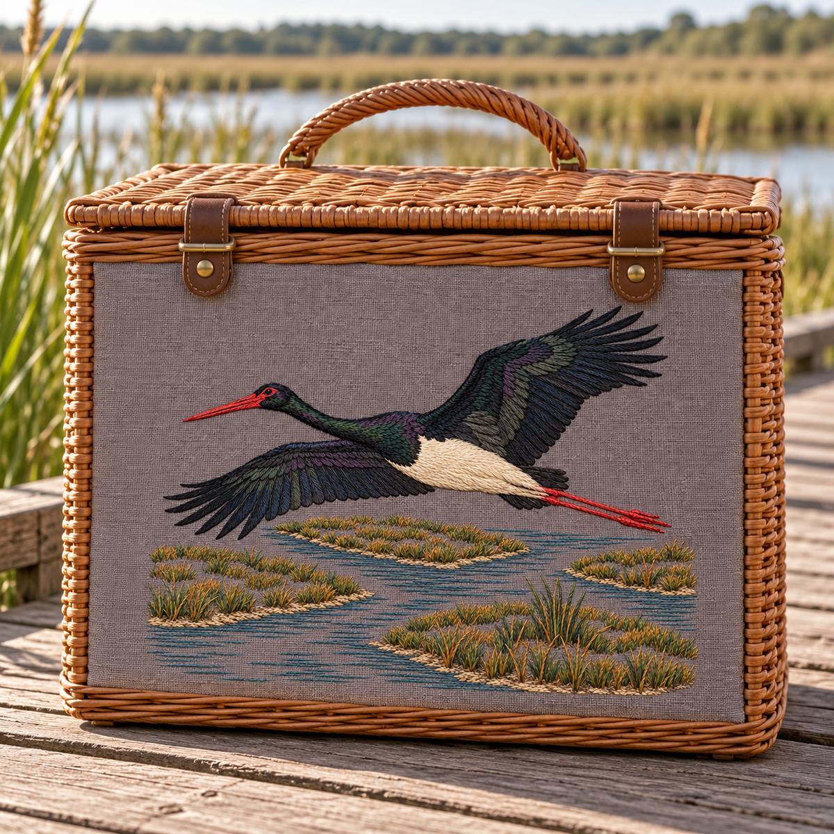 Black Stork embroidery design in a digital mockup of A plum-grey linen broad outside panel on a rectangular picnic hamper beside a wetland boardwalk, basket dry and motif unobstructed. Placement inspiration for Study 08.