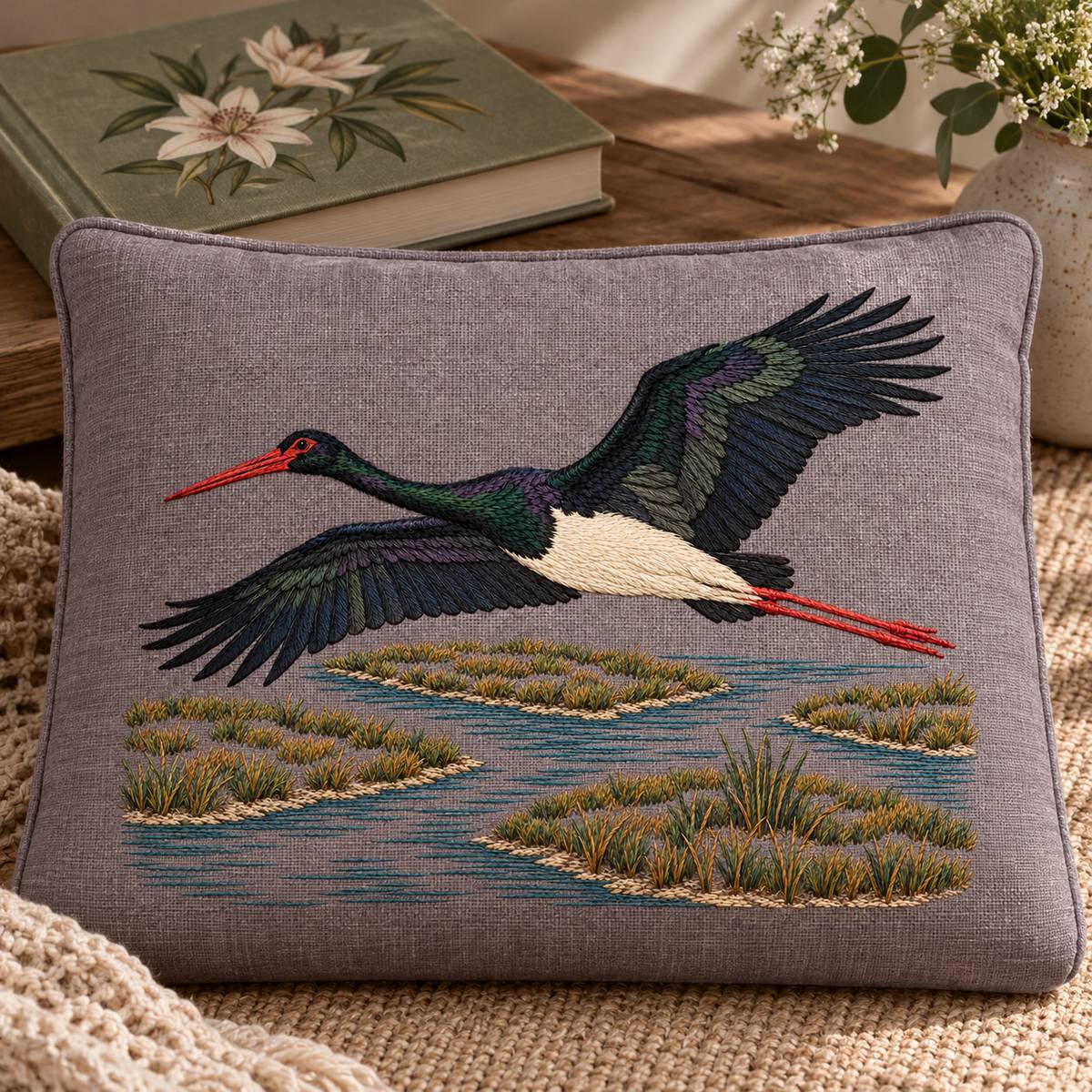 Black Stork embroidery design in a digital mockup of A plum-grey linen wide book cradle cushion below a closed botanical atlas, atlas beside it not on embroidery. Placement inspiration for Study 08.