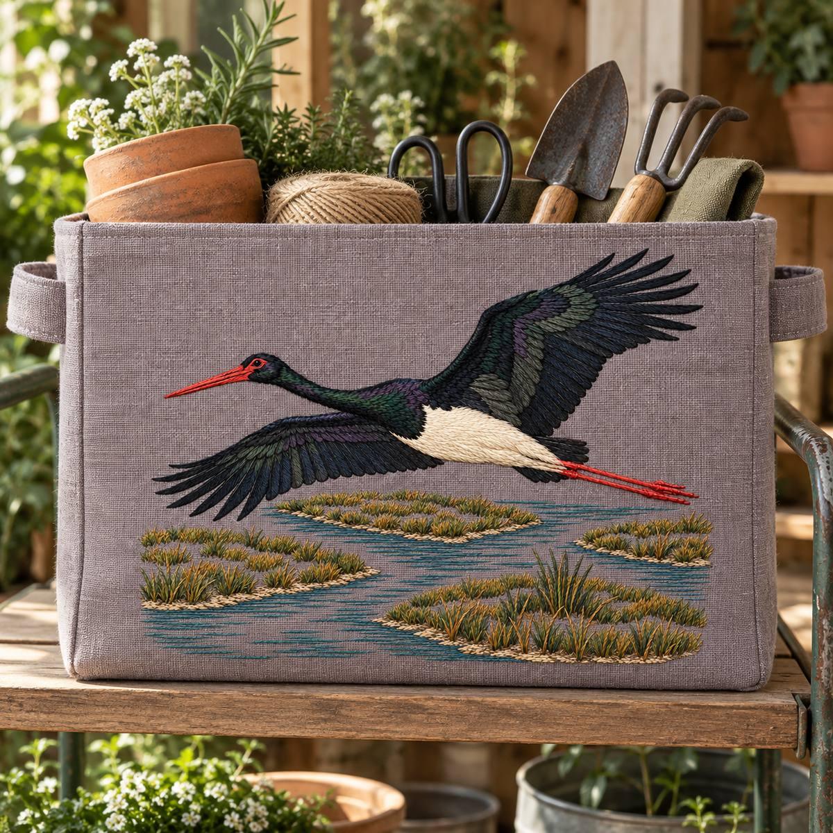 Black Stork embroidery design in a digital mockup of A plum-grey linen large rectangular organiser front on a garden-studio trolley, tools arranged behind, entire motif visible. Placement inspiration for Study 08.
