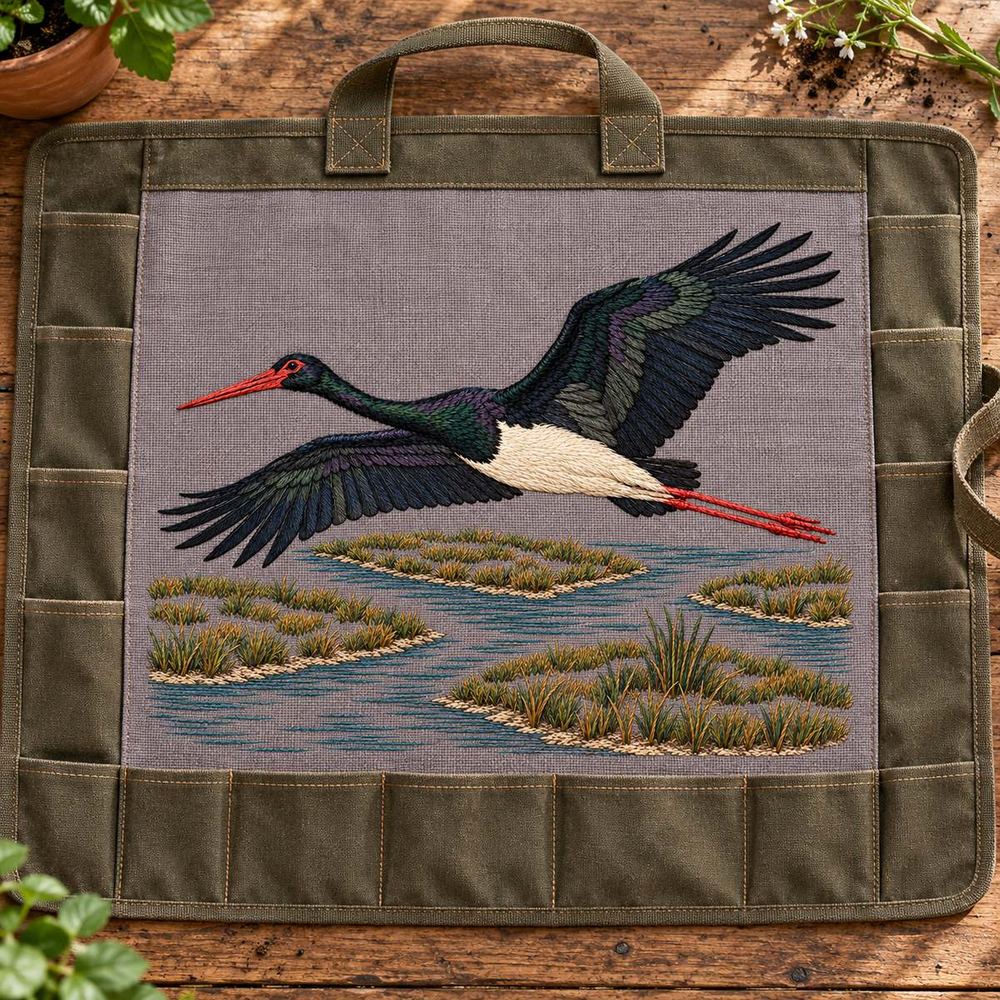 Black Stork embroidery design in a digital mockup of A plum-grey linen centre panel in a broad canvas gardening tool roll displayed fully open and flat, tool sleeves around edges, no tools on design. Placement inspiration for Study 08.