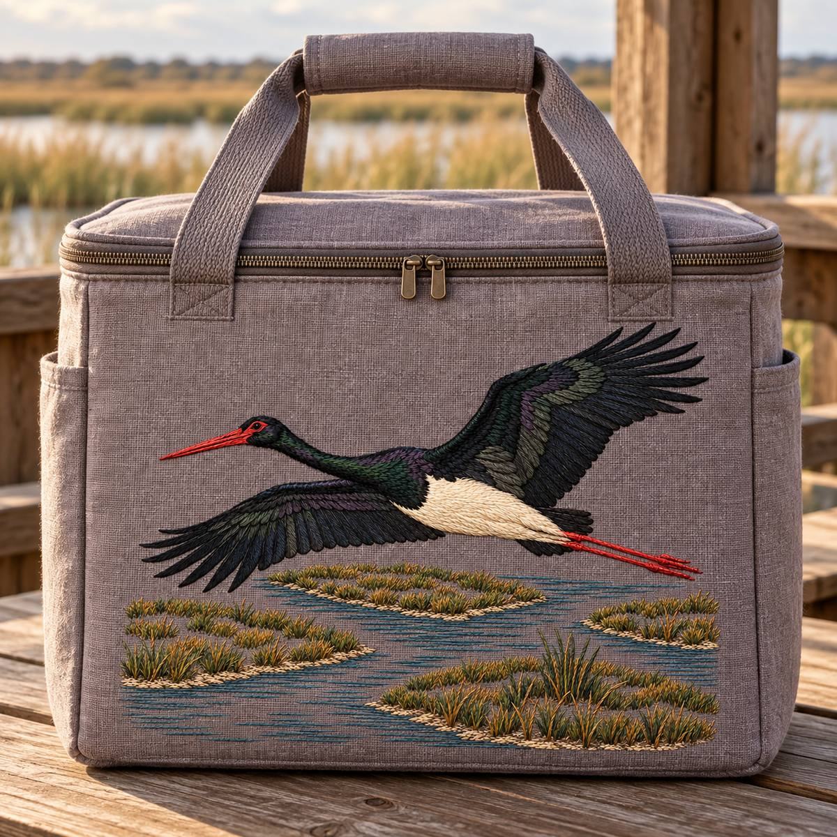 Black Stork embroidery design in a digital mockup of A plum-grey linen rectangular insulated lunch-carrier front, oversized picnic size, standing on a marsh-observation hut table. Placement inspiration for Study 08.