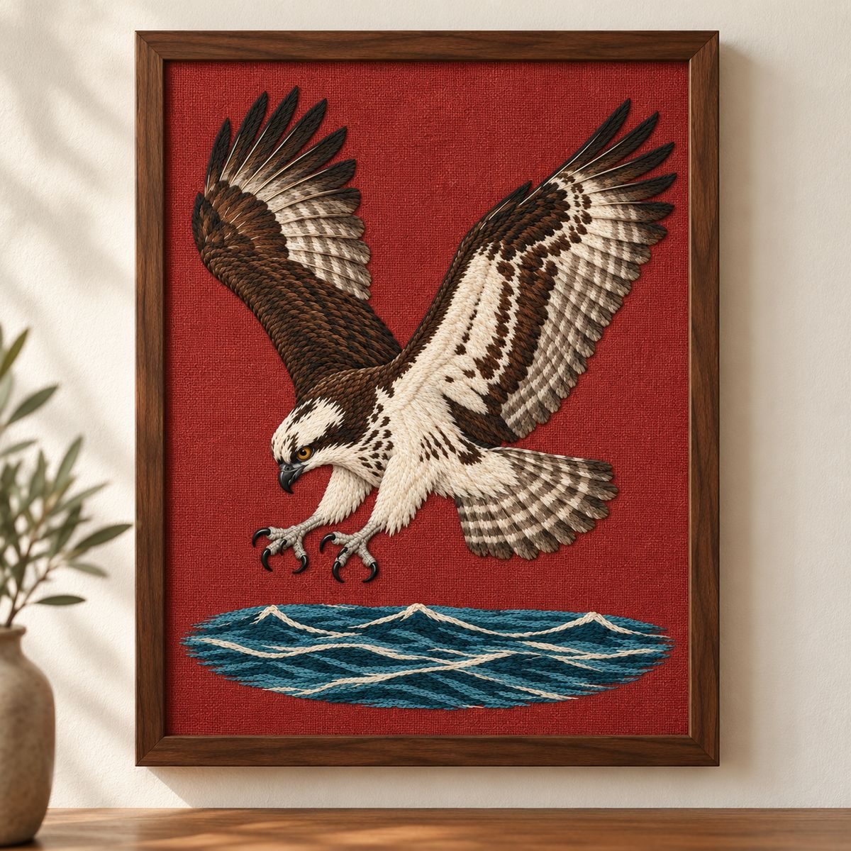 Osprey embroidery design shown in a digital mockup of A PORTRAIT terracotta linen embroidery in a tall narrow walnut frame on a pale wall; horizontal blue water at its bottom. Study 09.