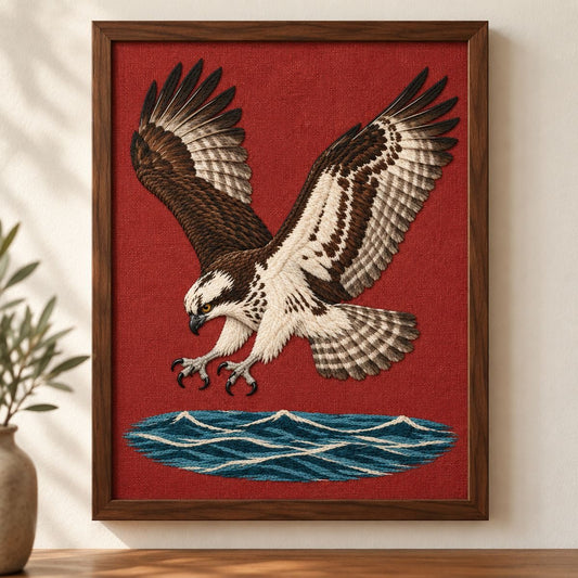 Osprey embroidery design shown in a digital mockup of A PORTRAIT terracotta linen embroidery in a tall narrow walnut frame on a pale wall; horizontal blue water at its bottom. Study 09.
